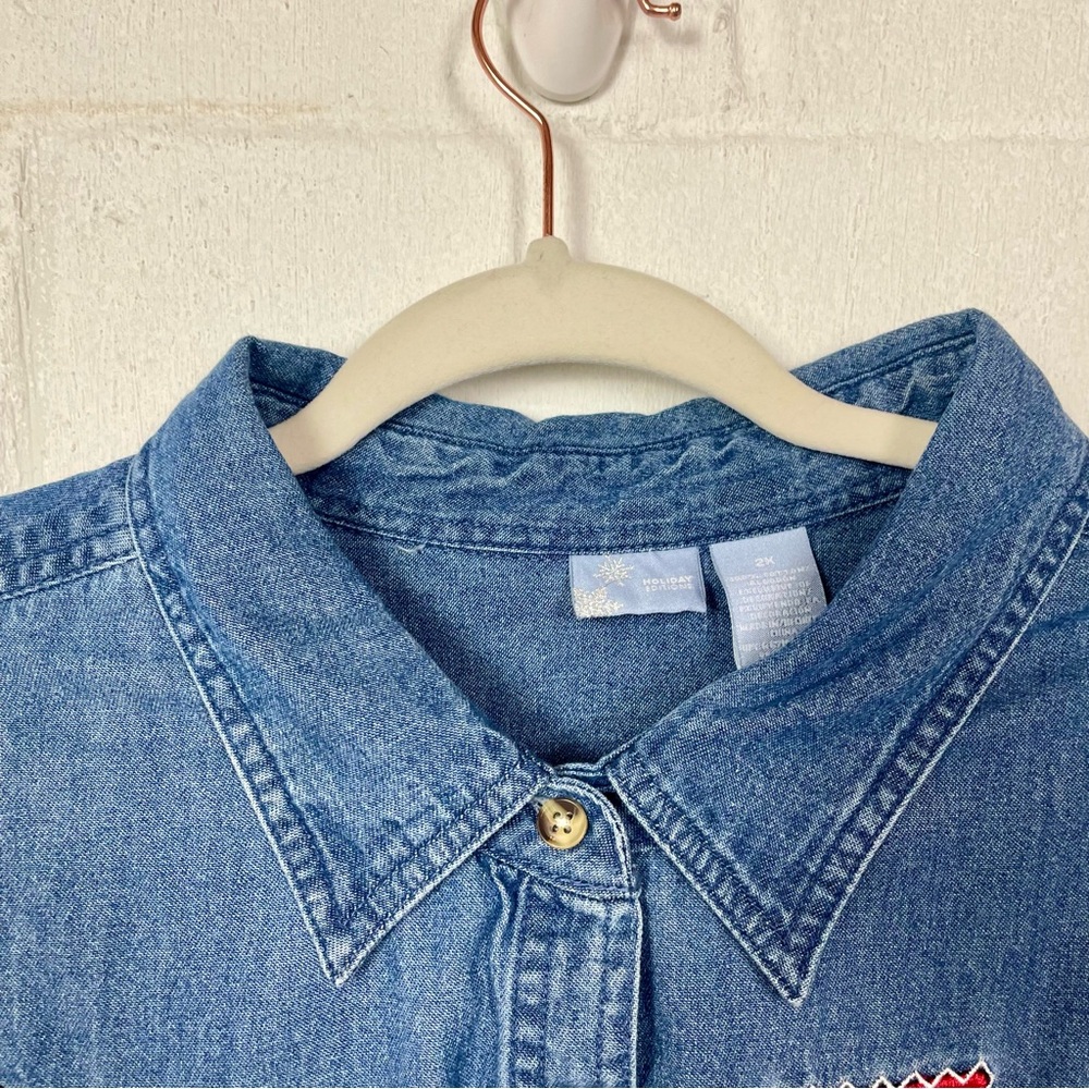 Holiday Editions Winter Denim Shirt Snowmen Snowflakes Grannycore Oversized 2X - Picture 3 of 12
